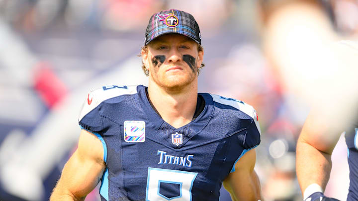 Oct 13, 2024; Nashville, Tennessee, USA;  Tennessee Titans Will Levis (8) takes the field against the Indianapolis Colts during the first half at Nissan Stadium.