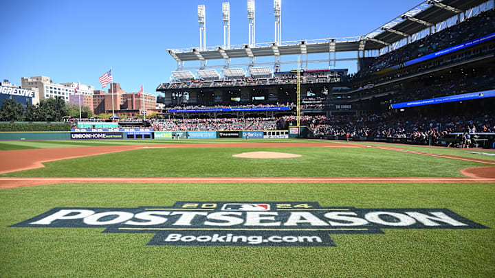 Oct 5, 2024; Cleveland, OH, USA; General view of the postseason logo on the field before game one of the ALDS for the 2024 MLB Playoffs between the Detroit Tigers and Cleveland Guardians at Progressive Field. Mandatory Credit: Ken Blaze-Imagn Images