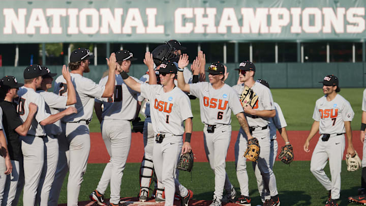 Jun 1, 2025; Corvallis, OR, USA; Oregon St. outfielder Gavin Turley (1) leads the outfield players in high fives after beating Saint Mary's at the NCAA Corvallis Regional at Goss Stadium. Mandatory Credit: Troy Wayrynen-Imagn Images