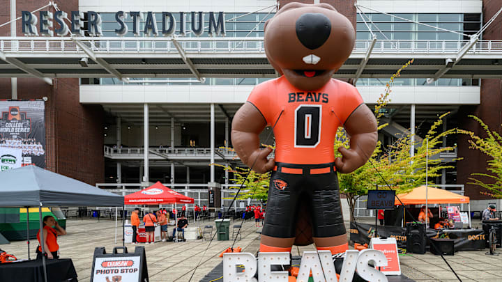 Sep 6, 2025; Corvallis, Oregon, USA; Oregon State Beavers mascot Benny Beaver Photo Booth on the concourse at Reser Stadium before the game against the Fresno State Bulldogs. Mandatory Credit: Craig Strobeck-Imagn Images Sep 6, 2025; Corvallis, Oregon, USA; Oregon State Beavers mascot Benny Beaver Photo Booth on the concourse at Reser Stadium before the game against the Fresno State Bulldogs. Mandatory Credit: Craig Strobeck-Imagn Images