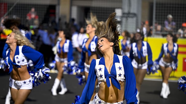Oct 20, 2024; Austin, Texas, USA; The Dallas Cowboys cheerleaders perform before the start of the 2024 Formula One US Grand Prix at Circuit of the Americas. Oct 20, 2024; Austin, Texas, USA; The Dallas Cowboys cheerleaders perform before the start of the 2024 Formula One US Grand Prix at Circuit of the Americas.
