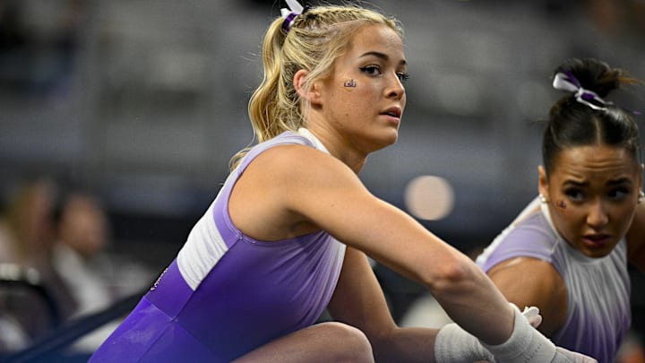 LSU Tigers gymnast Livvy Dunne warms up on uneven bars before the 2024 Women's National Gymnastics Championship. LSU Tigers gymnast Livvy Dunne warms up on uneven bars before the 2024 Women's National Gymnastics Championship.