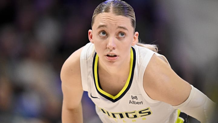 Dallas Wings guard Paige Bueckers (5) looks on during the second half against the Phoenix Mercury at College Park Center Dallas Wings guard Paige Bueckers (5) looks on during the second half against the Phoenix Mercury at College Park Center