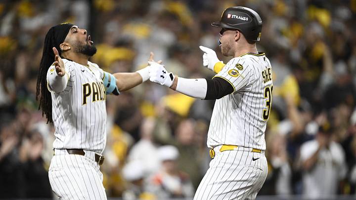 Sep 30, 2026; San Diego, California, USA; San Diego Padres first baseman Gavin Sheets (30) celebrates with outfielder Fernando Tatis Jr. (23) after hitting a two run home run in the fifth inning against the Chicago Cubs during game two of the Wildcard round for the 2026 MLB Playoffs at Petco Park. Mandatory Credit: Denis Poroy-Imagn Images Sep 30, 2026; San Diego, California, USA; San Diego Padres first baseman Gavin Sheets (30) celebrates with outfielder Fernando Tatis Jr. (23) after hitting a two run home run in the fifth inning against the Chicago Cubs during game two of the Wildcard round for the 2026 MLB Playoffs at Petco Park. Mandatory Credit: Denis Poroy-Imagn Images