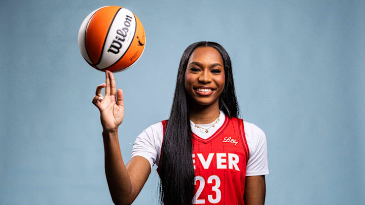 Indiana Fever guard Bree Hall poses for a photo Wednesday, April 30, 2025, during the Indiana Fever media day at Gainbridge Fieldhouse in Indianapolis. Indiana Fever guard Bree Hall poses for a photo Wednesday, April 30, 2025, during the Indiana Fever media day at Gainbridge Fieldhouse in Indianapolis.