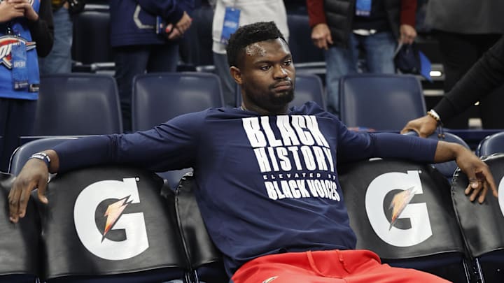 Feb 10, 2025; Oklahoma City, Oklahoma, USA; New Orleans Pelicans forward Zion Williamson (1) sits on the bench before the start of a game against the Oklahoma City Thunder at Paycom Center.