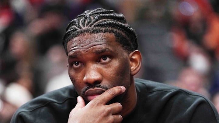 Mar 31, 2024; Toronto, Ontario, CAN; Philadelphia 76ers center Joel Embiid (21) sits on the bench against the Toronto Raptors during the third quarter at Scotiabank Arena. Mandatory Credit: Nick Turchiaro-Imagn Images Mar 31, 2024; Toronto, Ontario, CAN; Philadelphia 76ers center Joel Embiid (21) sits on the bench against the Toronto Raptors during the third quarter at Scotiabank Arena. Mandatory Credit: Nick Turchiaro-Imagn Images