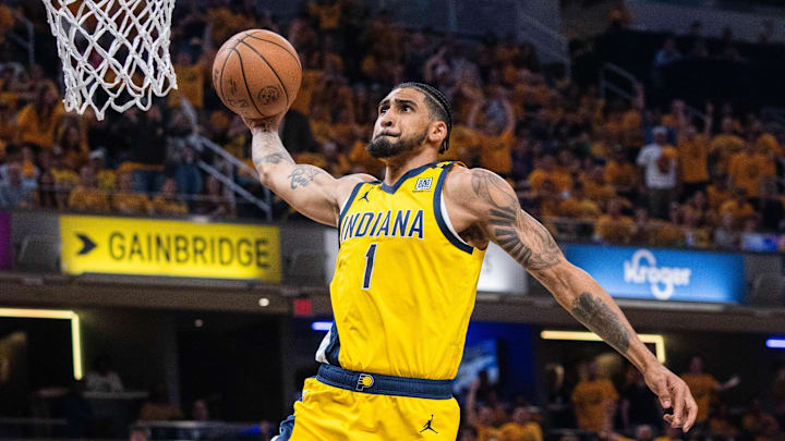 May 17, 2024; Indianapolis, Indiana, USA; Indiana Pacers forward Obi Toppin (1) shoots the ball during game six of the second round for the 2024 NBA playoffs against the New York Knicks at Gainbridge Fieldhouse. Mandatory Credit: Trevor Ruszkowski-Imagn Images