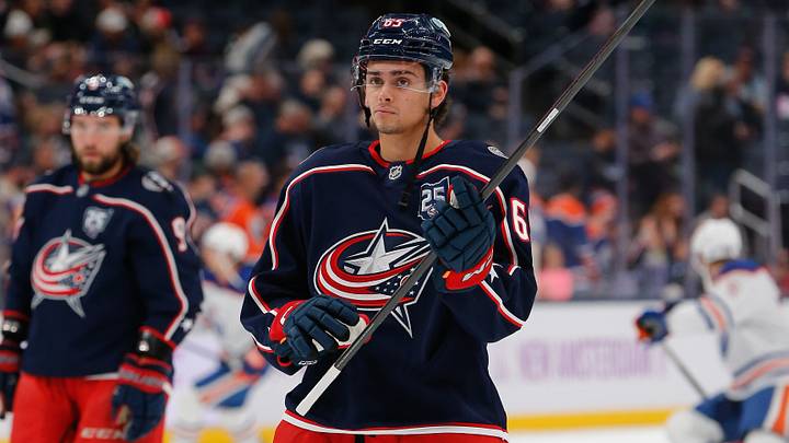 Nov 13, 2025; Columbus, Ohio, USA; Columbus Blue Jackets center Luca Del Bel Belluz (65) during pregame warmup against the Edmonton Oilers at Nationwide Arena. Mandatory Credit: Russell LaBounty-Imagn Images Nov 13, 2025; Columbus, Ohio, USA; Columbus Blue Jackets center Luca Del Bel Belluz (65) during pregame warmup against the Edmonton Oilers at Nationwide Arena. Mandatory Credit: Russell LaBounty-Imagn Images