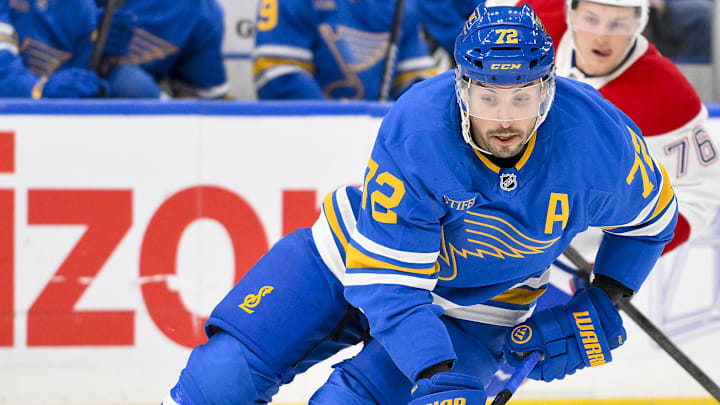 Jan 3, 2026; St. Louis, Missouri, USA; St. Louis Blues defenseman Justin Faulk (72) controls the puck against the Montreal Canadiens during the first period at Enterprise Center. Mandatory Credit: Jeff Curry-Imagn Images
