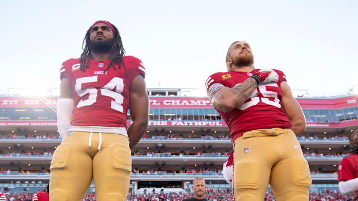 San Francisco 49ers linebacker Fred Warner (L) and tight end George Kittle (R)