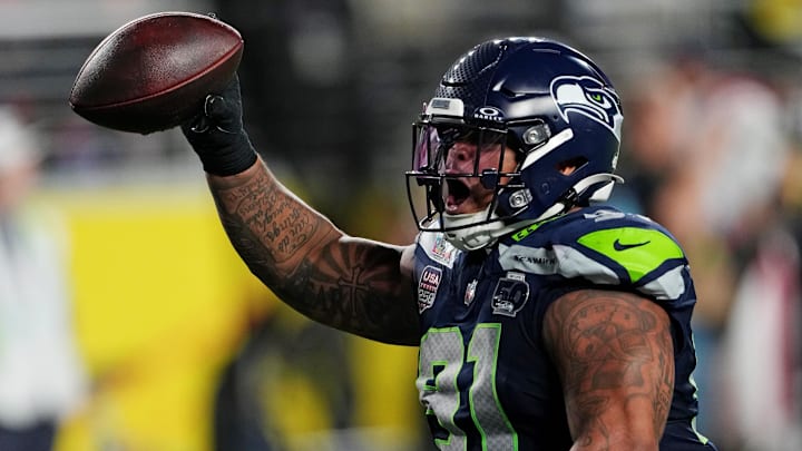 Feb 8, 2026; Santa Clara, CA, USA; Seattle Seahawks defensive tackle Byron Murphy II (91) reacts after a fumble against New England Patriots during the third quarter in Super Bowl LX at Levi's Stadium.