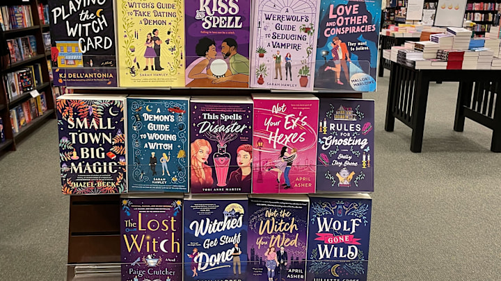 Witchy Romance books displayed at Barnes & Noble. Photographed by Kimberley Spinney
