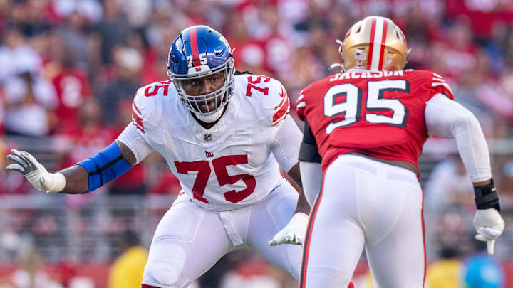 September 21, 2023; Santa Clara, California, USA; New York Giants guard Joshua Ezeudu (75) blocks San Francisco 49ers defensive end Drake Jackson (95) during the first quarter at Levi's Stadium. September 21, 2023; Santa Clara, California, USA; New York Giants guard Joshua Ezeudu (75) blocks San Francisco 49ers defensive end Drake Jackson (95) during the first quarter at Levi's Stadium.