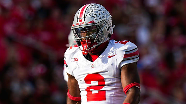 Ohio State Buckeyes defensive back Caleb Downs (2) reacts during the game against the Wisconsin Badgers at Camp Randall Stadium on Saturday, Oct. 18, 2025 in Madison, Wisconsin.