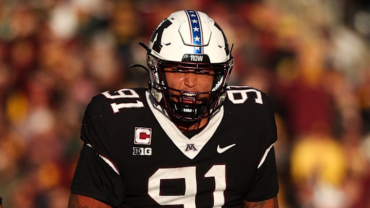 Nov 1, 2025; Minneapolis, Minnesota, USA; Minnesota Golden Gophers defensive lineman Deven Eastern (91) celebrates against the Michigan State Spartans during the second half at Huntington Bank Stadium. Mandatory Credit: Matt Krohn-Imagn Images