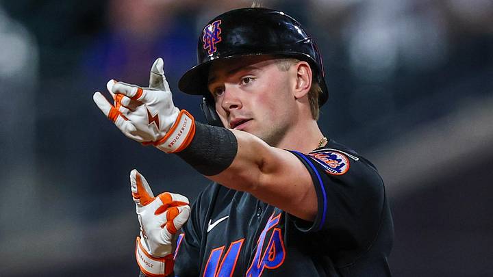 Jun 24, 2026; New York City, New York, USA;  New York Mets center fielder A.J. Ewing (9) reacts after a double during the seventh inning against the Chicago Cubs at Citi Field. Mandatory Credit: Vincent Carchietta-Imagn Images
