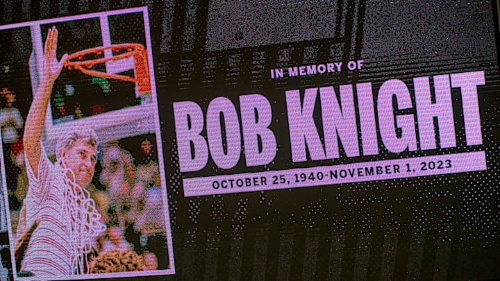 Former Indiana Head Coach Bob Knight is honored with a moment of silence before the Indiana versus Northwood women's basketball game at Simon Skjodt Assembly Hall on Wednesday, Nov. 1, 2023.