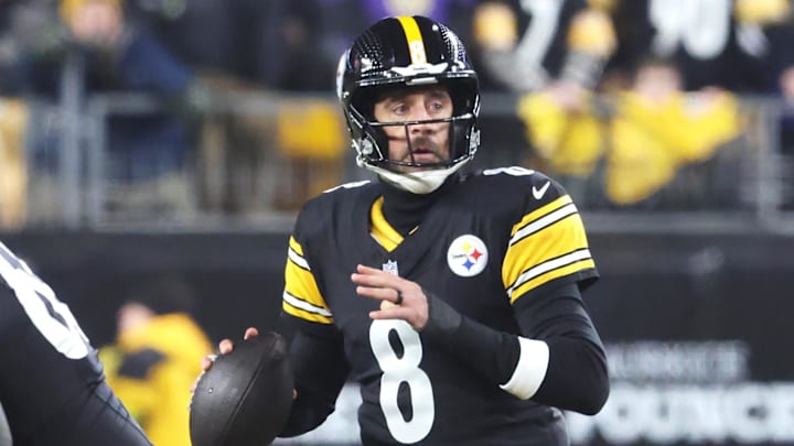 Jan 4, 2026; Pittsburgh, Pennsylvania, USA; Pittsburgh Steelers quarterback Aaron Rodgers (8) drops back to pass against the Baltimore Ravens during the first half at Acrisure Stadium. Mandatory Credit: Charles LeClaire-Imagn Images Jan 4, 2026; Pittsburgh, Pennsylvania, USA; Pittsburgh Steelers quarterback Aaron Rodgers (8) drops back to pass against the Baltimore Ravens during the first half at Acrisure Stadium. Mandatory Credit: Charles LeClaire-Imagn Images