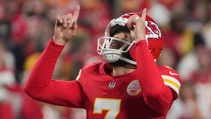 Oct 27, 2025; Kansas City, Missouri, USA; Kansas City Chiefs kicker Harrison Butker (7) celebrates after making the extra point after a touchdown against the Washington Commanders during the fourth quarter of the game at GEHA Field at Arrowhead Stadium. Mandatory Credit: Denny Medley-Imagn Images Oct 27, 2025; Kansas City, Missouri, USA; Kansas City Chiefs kicker Harrison Butker (7) celebrates after making the extra point after a touchdown against the Washington Commanders during the fourth quarter of the game at GEHA Field at Arrowhead Stadium. Mandatory Credit: Denny Medley-Imagn Images