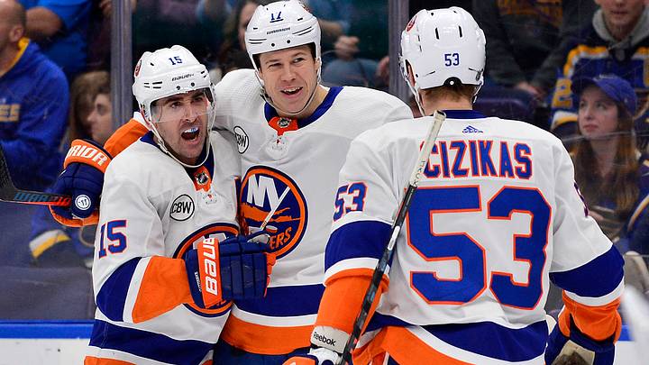 Jan 5, 2019; St. Louis, MO, USA; New York Islanders left wing Matt Martin (17) is congratulated by right wing Cal Clutterbuck (15) and center Casey Cizikas (53) after scoring during the second period against the St. Louis Blues at Enterprise Center. Jan 5, 2019; St. Louis, MO, USA; New York Islanders left wing Matt Martin (17) is congratulated by right wing Cal Clutterbuck (15) and center Casey Cizikas (53) after scoring during the second period against the St. Louis Blues at Enterprise Center.