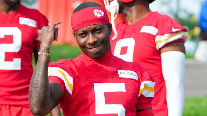 Jul 22, 2025; St. Joseph, MO, USA; Kansas City Chiefs wide receiver Hollywood Brown (5) walks down the hill to the fields during training camp at Missouri Western State University. Mandatory Credit: Denny Medley-Imagn Images