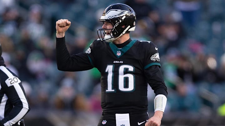 Jan 5, 2025; Philadelphia, Pennsylvania, USA; Philadelphia Eagles quarterback Tanner McKee (16) reacts after drawing the New York Giants offsides during the fourth quarter at Lincoln Financial Field. Mandatory Credit: Bill Streicher-Imagn Images Jan 5, 2025; Philadelphia, Pennsylvania, USA; Philadelphia Eagles quarterback Tanner McKee (16) reacts after drawing the New York Giants offsides during the fourth quarter at Lincoln Financial Field. Mandatory Credit: Bill Streicher-Imagn Images