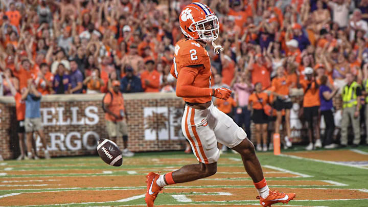Sep 16, 2023; Clemson, South Carolina; Clemson cornerback Nate Wiggins (2) returns an interception