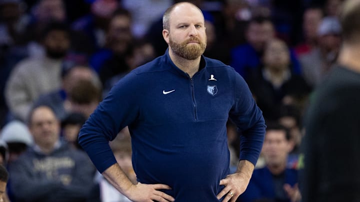 Mar 6, 2024; Philadelphia, Pennsylvania, USA; Memphis Grizzlies head coach Taylor Jenkins looks on during the second quarter against the Philadelphia 76ers at Wells Fargo Center. Mandatory Credit: Bill Streicher-USA TODAY Sports