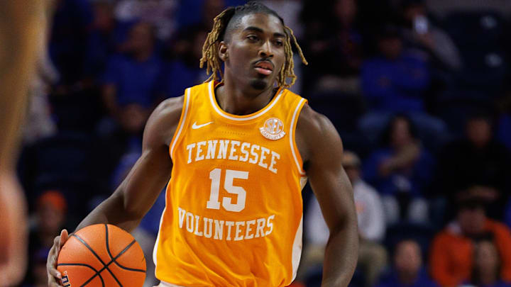 Jan 7, 2025; Gainesville, Florida, USA; Tennessee Volunteers guard Jahmai Mashack (15) dribbles the ball against the Florida Gators during the first half at Exactech Arena at the Stephen C. O'Connell Center. Mandatory Credit: Matt Pendleton-Imagn Images