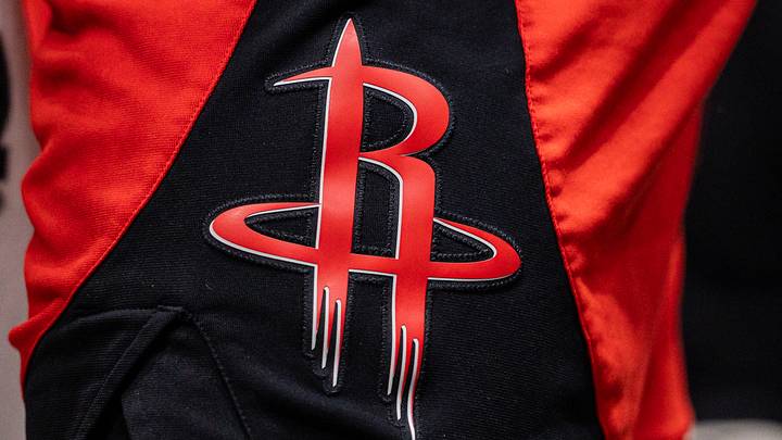 Mar 29, 2026; New Orleans, Louisiana, USA;  Detailed view of the Houston Rockets logo against the New Orleans Pelicans during the second half at Smoothie King Center. Mandatory Credit: Stephen Lew-Imagn Images
