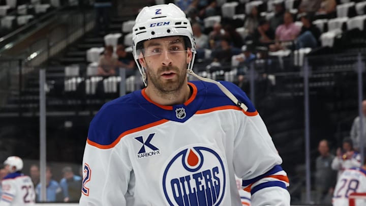 Mar 24, 2026; Salt Lake City, Utah, USA; Edmonton Oilers defenseman Evan Bouchard (2) warms up before a game against the Utah Mammoth at Delta Center. Mandatory Credit: Rob Gray-Imagn Images Mar 24, 2026; Salt Lake City, Utah, USA; Edmonton Oilers defenseman Evan Bouchard (2) warms up before a game against the Utah Mammoth at Delta Center. Mandatory Credit: Rob Gray-Imagn Images