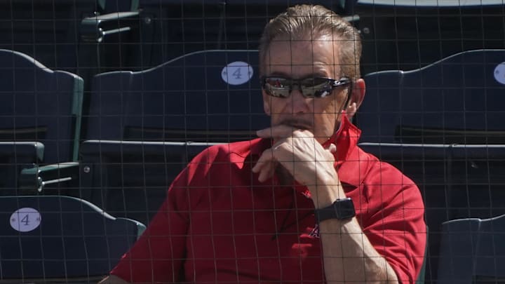 Mar 11, 2021; Tempe, Arizona, USA; Los Angeles Angels owner Arte Moreno watches game action during a spring training game against the San Francisco Giants at Tempe Diablo Stadium. Mandatory Credit: Rick Scuteri-Imagn Images