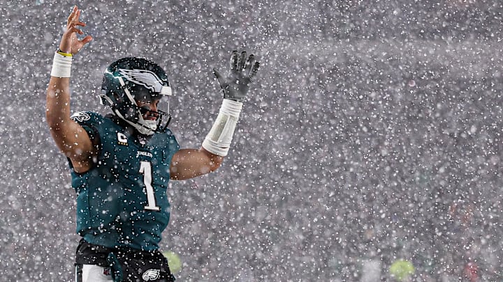 Jan 19, 2025; Philadelphia, Pennsylvania, USA; Philadelphia Eagles quarterback Jalen Hurts (1) reacts during the third quarter against the Los Angeles Rams in a 2025 NFC divisional round game at Lincoln Financial Field. Mandatory Credit: Bill Streicher-Imagn Images