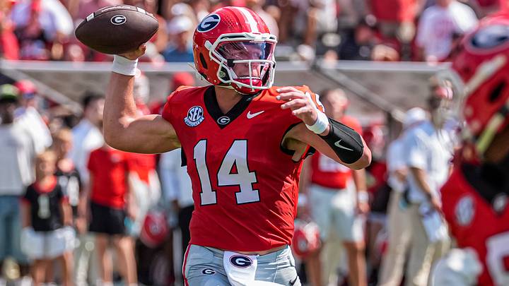 Sep 5, 2026; Athens, Georgia, USA; Georgia Bulldogs quarterback Gunner Stockton (14) passes the ball against the Tennessee State Tigers at Sanford Stadium. Mandatory Credit: Dale Zanine-Imagn Images
