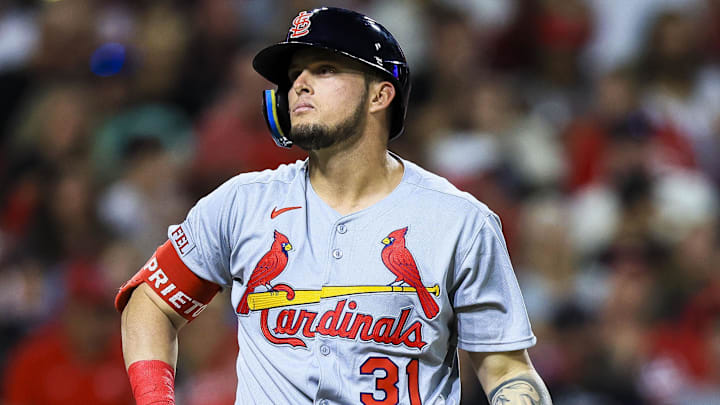 Aug 29, 2025; Cincinnati, Ohio, USA; St. Louis Cardinals pinch hitter Cesar Prieto (31) at bat in the tenth inning against the Cincinnati Reds at Great American Ball Park. Mandatory Credit: Katie Stratman-Imagn Images