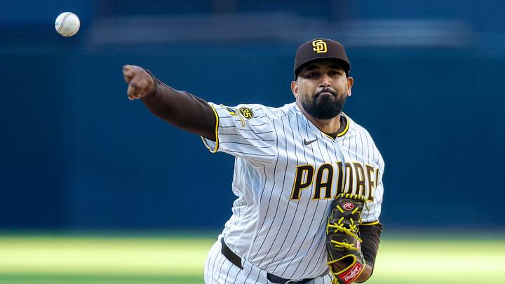 Apr 11, 2026; San Diego, California, USA; San Diego Padres starting pitcher German Marquez (33) throws a pitch during the first inning against the Colorado Rockies at Petco Park. Mandatory Credit: David Frerker-Imagn Images