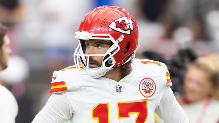 Aug 9, 2025; Glendale, Arizona, USA; Kansas City Chiefs quarterback Gardner Minshew (17) against the Arizona Cardinals during a preseason NFL game at State Farm Stadium. Mandatory Credit: Mark J. Rebilas-Imagn Images