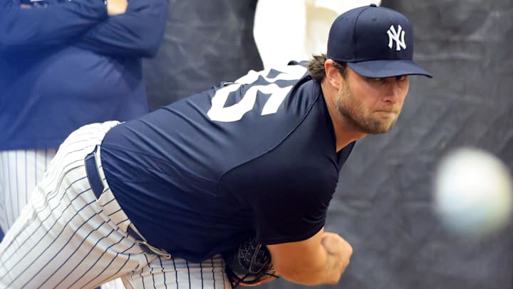 Feb 13, 2026; Tampa, FL, USA; New York Yankees pitcher Gerrit Cole (45) throws a bullpen session during spring training practices at George M. Steinbrenner Field. Mandatory Credit: Kim Klement Neitzel-Imagn Images