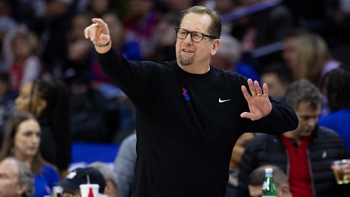 Jan 14, 2025; Philadelphia, Pennsylvania, USA; Philadelphia 76ers head coach Nick Nurse reacts during the third quarter against the Oklahoma City Thunder at Wells Fargo Center. Mandatory Credit: Bill Streicher-Imagn Images