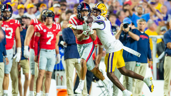 Cornerback PJ Woodland 11 breaks up a pass as the LSU Tigers take on the Ole Miss Rebels at Tiger Stadium in Baton Rouge, LA. Saturday, Oct. 12, 2024.Saturday, Oct. 12, 2024.
