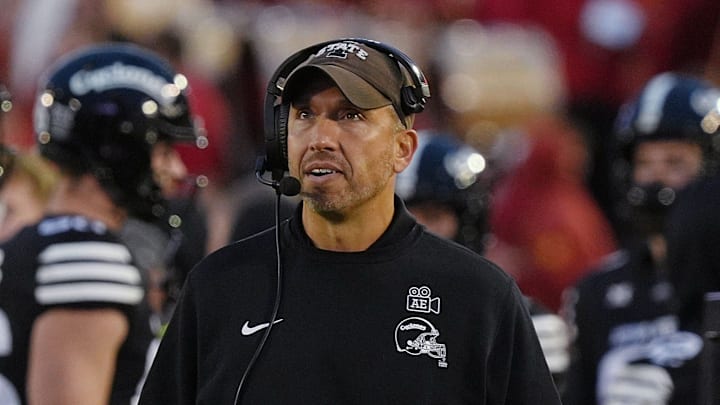 Iowa State Cyclones head coach Matt Campbell reacts during the fourth quarter against BYU at Jack Trice Stadium on Oct. 25, 2025, in Ames, Iowa. Iowa State Cyclones head coach Matt Campbell reacts during the fourth quarter against BYU at Jack Trice Stadium on Oct. 25, 2025, in Ames, Iowa.