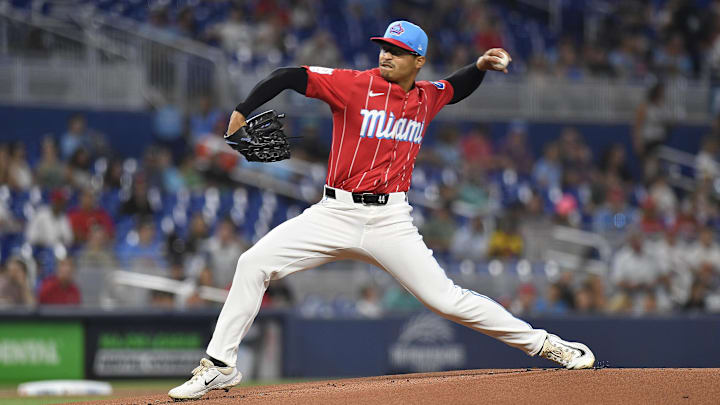 May 11, 2024; Miami, Florida, USA; Miami Marlins starting pitcher Jesus Luzardo throws against the Philadelphia Phillies during the first inning at loanDepot Park. May 11, 2024; Miami, Florida, USA; Miami Marlins starting pitcher Jesus Luzardo throws against the Philadelphia Phillies during the first inning at loanDepot Park.
