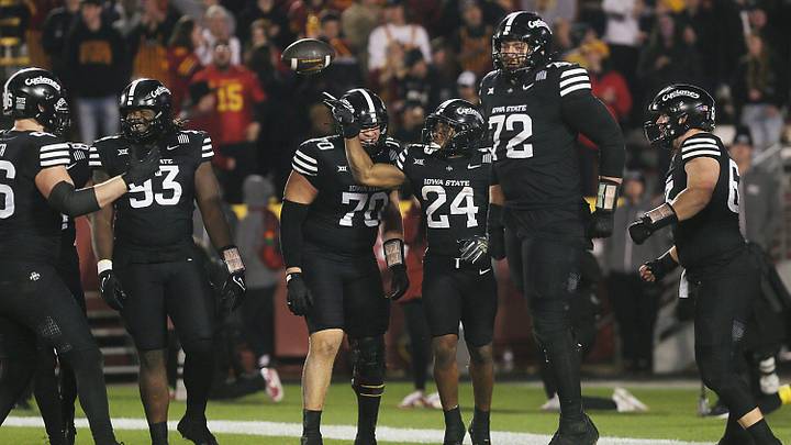 Abu Sama III celebrates with his offensive line after a touchdown during Iowa State's win over Cincinnati. Abu Sama III celebrates with his offensive line after a touchdown during Iowa State's win over Cincinnati.