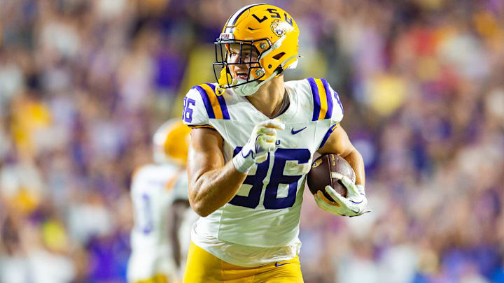 Mason Taylor 86 runs the ball as the LSU Tigers take on the Ole Miss Rebels at Tiger Stadium in Baton Rouge, LA. Saturday, Oct. 12, 2024.Saturday, Oct. 12, 2024.