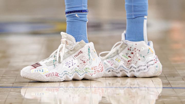 Jun 26, 2022; Chicago, Illinois, USA; Chicago Sky forward Candace Parker (3) shoes are seen during the first half of a WNBA game at Wintrust Arena. Mandatory Credit: Kamil Krzaczynski-Imagn Images