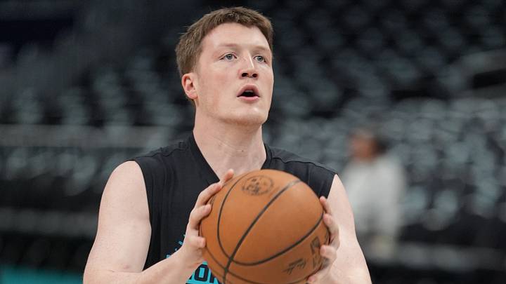 Apr 14, 2026; Charlotte, North Carolina, USA; Charlotte Hornets guard/forward Kon Knueppel (7) shoots at pregame warm ups against the Miami Heat during the play-in rounds of the 2026 NBA Playoffs at Spectrum Center. Mandatory Credit: Jim Dedmon-Imagn Images