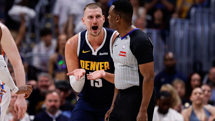May 11, 2025; Denver, Colorado, USA; Denver Nuggets center Nikola Jokic (15) reacts towards referee Sean Wright (4) after a play in the second quarter against the Oklahoma City Thunder during game four of the second round of the 2025 NBA Playoffs at Ball Arena. Mandatory Credit: Isaiah J. Downing-Imagn Images