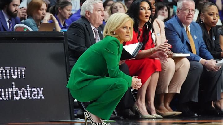 Apr 1, 2024; Albany, NY, USA; LSU Lady Tigers head coach Kim Mulkey looks on in the first half against the Iowa Hawkeyes in the finals of the Albany Regional in the 2024 NCAA Tournament at MVP Arena. Mandatory Credit: Gregory Fisher-Imagn Images