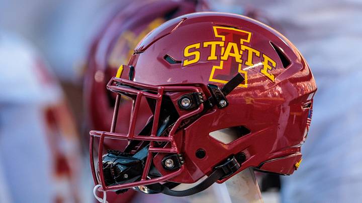 Nov 9, 2024; Kansas City, Missouri, USA; Iowa State Cyclones helmets on the bench during the first quarter against the Kansas Jayhawks at GEHA Field at Arrowhead Stadium. Mandatory Credit: William Purnell-Imagn Images Nov 9, 2024; Kansas City, Missouri, USA; Iowa State Cyclones helmets on the bench during the first quarter against the Kansas Jayhawks at GEHA Field at Arrowhead Stadium. Mandatory Credit: William Purnell-Imagn Images